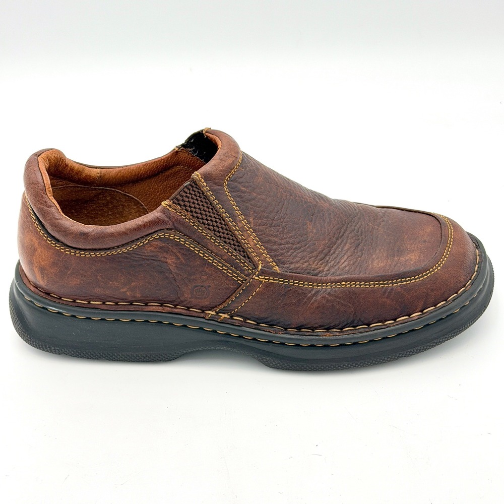 Born Mens Brown Leather Slip On Loafers Moc Toe Shoes B6093 Size 9 42.5